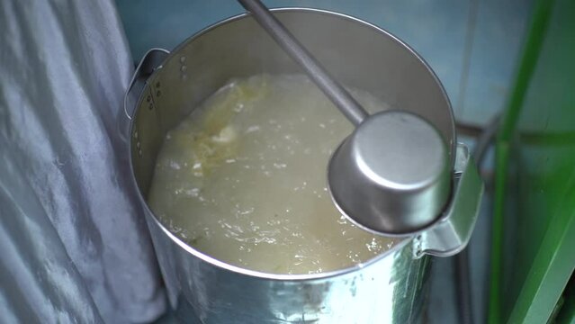 rebusan bakso di dalam panci. meatball stew in a pot