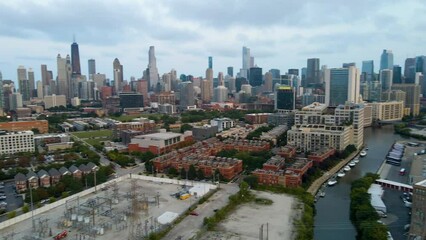 Chicago, IL USA September 15th 2022 : establishing aerial drone view image of Chicago metropolitan city area. the buildings architecture look great for tourist to come and see the skyline