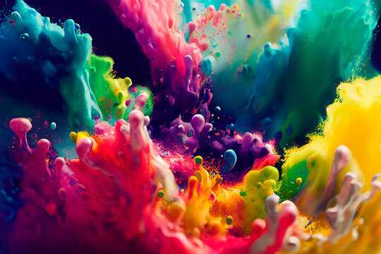 Abstract background of splashes of colored paint. Spreading liquid paint of different colors mixes and creates new shades and bizarre shapes. 