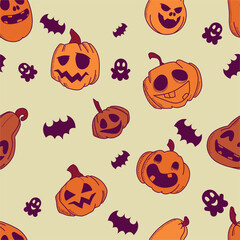 Vector seamless full-color pattern with fun stylized Halloween pumpkins Bright pattern for your Halloween 