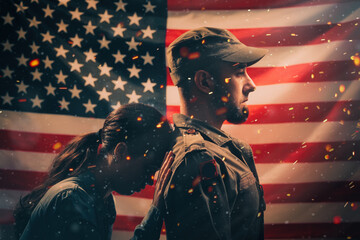 Fototapeta na wymiar Memorial day. The woman leans her head on the soldier's back, holding on to him with her hand. Couple on the background of the American flag with sparks. Concept of American national holidays.