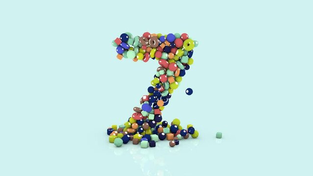 3D animation from colored objects, number animated number seven, from falling shapes