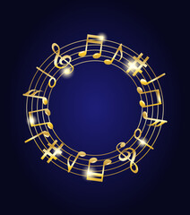 Music notes melody background. Gold notes symbols on dark blue background. Vector.