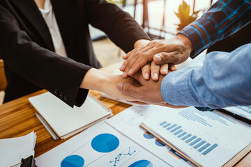 Group of team creative business people join hands partnership teamwork concept