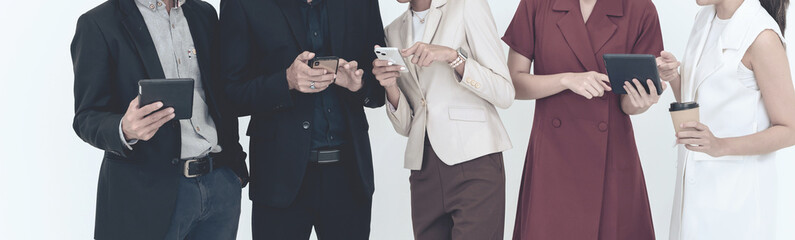 Banner cover design. Close up a group of business people using gadgets or smartphones while standing in a row. isolated on white background.