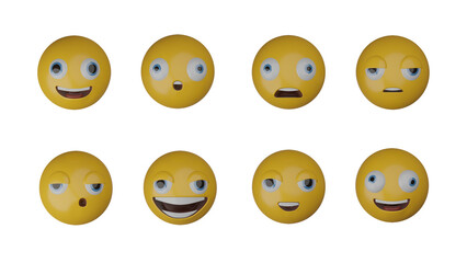 Set of emotion faces 3D rendering, transparent background