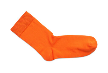 New orange sock isolated on white, top view. Footwear accessory