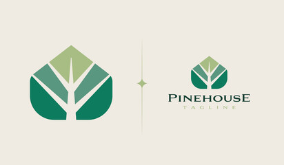 Green House with pine tree negative space Logo Template. Universal creative premium symbol. Vector illustration