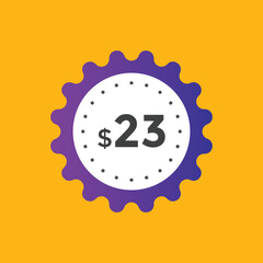 23 dollar price tag. Price $23 USD dollar only Sticker sale promotion Design. shop now button for Business or shopping promotion
