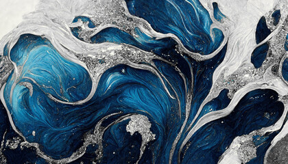Spectacular high-quality abstract background of a whirlpool of dark blue and white. Digital art 3D illustration. Mable with liquid texture like turbulent waves. - obrazy, fototapety, plakaty