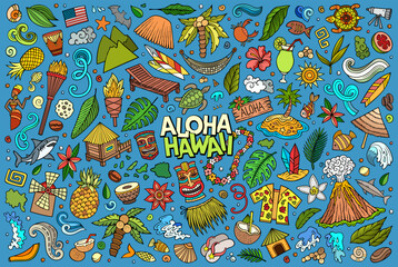 Colorful vector doodle cartoon set of Hawaii objects and symbols © balabolka