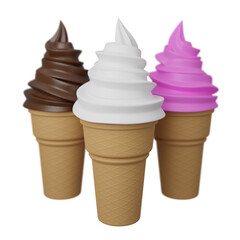 Close up Soft serve ice cream of strawberry, vanilla and chocolate flavours on crispy cone.,3d model and illustration.