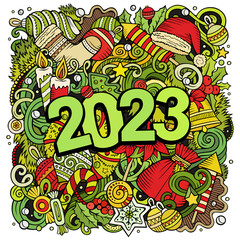 2023 doodles illustration. New Year objects and elements poster