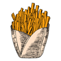 Fried French fries in a red packing box. Fast food. Cartoon vector illustration drawn by hand.For the logo.