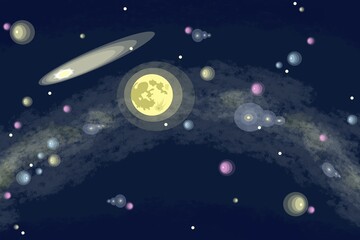 Fototapeta na wymiar Skybox mit Nachthimmel dunkelblau mit Mond, Sternen, Komet, Galaxien 