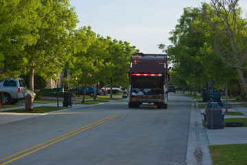 Garbage truck picking up trash in residence area early in the morning.
