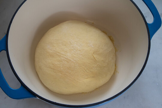 Bread Dough In Dutch Oven. Baking Bread. Homemade Bread Dough, View From Above.