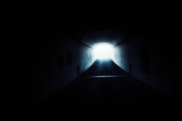 a dark tunnel with light at the end. the white light at the end of the tunnel. a corridor in the...