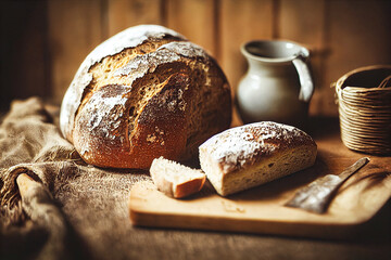 fresh homemade bread with bran and seeds, on a wooden table, rustic style, healthy food, farm
