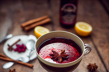 hot mulled wine with spices, cloves, lemon, on a wooden table, rustic style, healthy food, farm