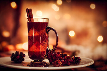 hot mulled wine with spices, cloves, lemon, on a wooden table, rustic style, healthy food, farm
