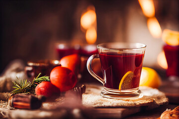 hot mulled wine with spices, cloves, lemon, on a wooden table, rustic style, healthy food, farm