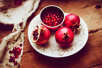 pomegranate, pomegranate seeds, rosh hashanah, blurred background on wooden table, rustic style, healthy food, farm