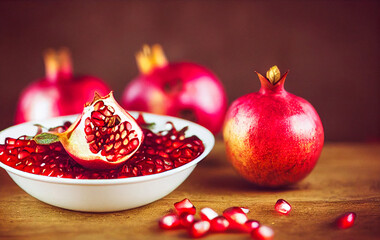 pomegranate, pomegranate seeds, rosh hashanah, blurred background on wooden table, rustic style,...