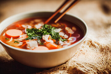rustic hot soup in a bowl on a wooden table, rustic style, farm