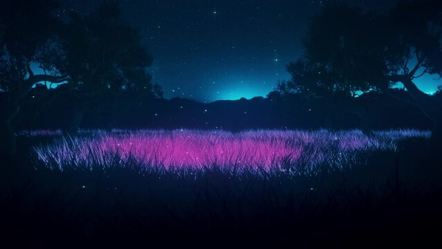 Blue Purple Glowing Grass Meadow by Night - Loop Abstract Landscape Motion Background