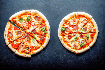 pepperoni pizza, vegan pizza on a dark background, rustic style, healthy food, farm