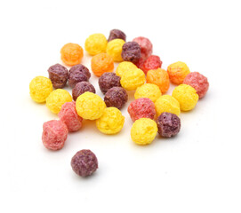 Delicious and nutritious fruit cereal loops flavorful, healthy and funny addition to kids breakfast on white background 