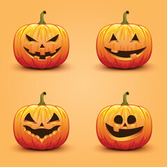 Set of cute and scary Halloween pumpkins. Autumn holiday vector illustration