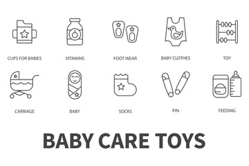 Baby care toys, kid feeding icons set. Set of editable stroke icons.Vector set of Baby care toys, kid feeding