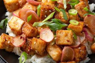 Fried tofu with radish, spring onion and garlic, ginger dressing in black bowl