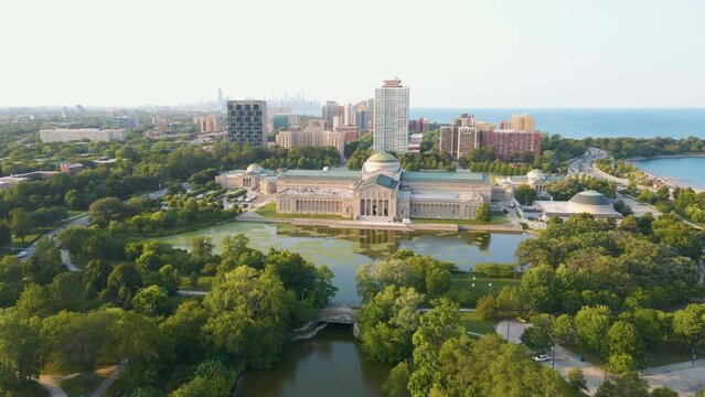 Chicago, IL USA September 16th 2022: Aerial drone footage of the Chicago Museum of Science and industry during the summer time. the view from above is beautiful with the lake water full of life