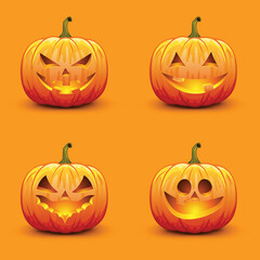 Set of cute and scary Halloween pumpkins. Autumn holiday vector illustration