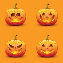 Set of cute and scary Halloween pumpkins. Autumn holiday vector illustration