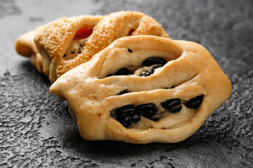 Fresh Homemade pastry bread with olives, sun dried tomatoes and cheese