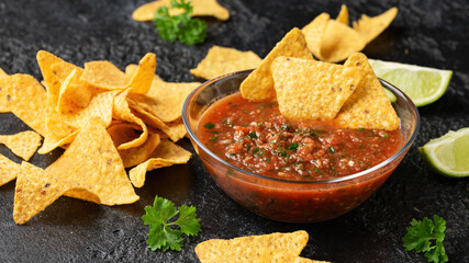 Mexican Tomato Salsa with lime, onion, jalapeno pepper, parsley and tortilla chips