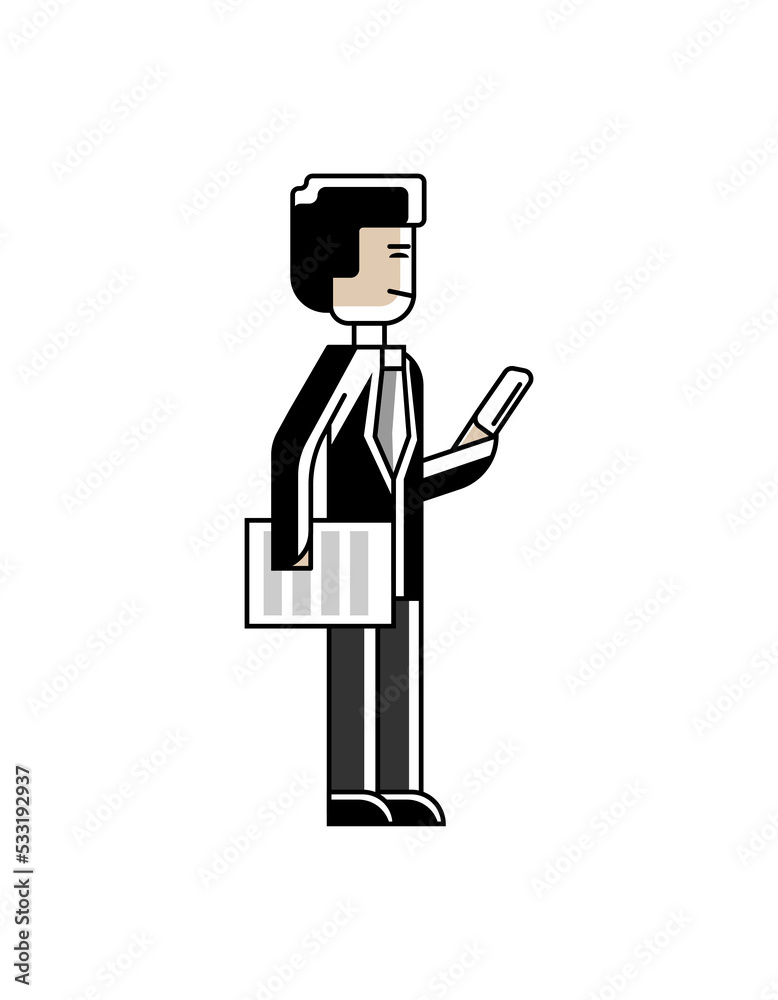 Sticker Asian businessman in business suit standing with document and phone in hands. Corporate business people isolated vector illustration in linear style.