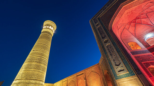 Blue hour shot of Poi Kalan and Kalyan Minaret in Bukhara (Uzbekistan) 