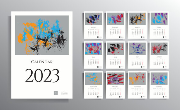 Calendar template for 2023. Wall calendar for 12 months. Contemporary design with abstract artistic illustrations.