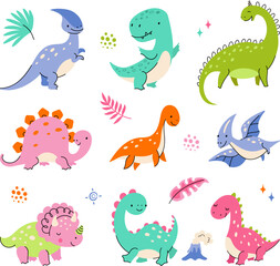 Cartoon cute dino characters. Little dinosaurs, color isolated dinosaur baby friend. Fashion babies wild animal, funny prehistoric nowaday vector animals