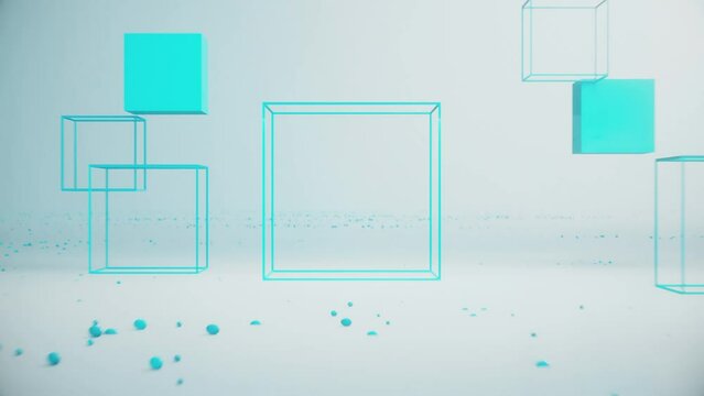 Animated abstract fly through 3d rendered boxes with a white background