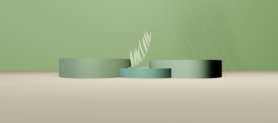3d rendered Podium in soft green colour shades with leaf in the middle. product display podium. Soft background to showcase the product