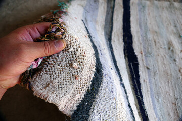 classic old sackcloth laid on the floor of the village house