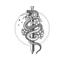 hand drawn snake, sword and flower vector