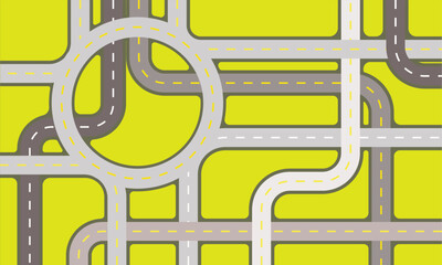 The lines are thick and thin dotted. The lines are gray, the lines are yellow, on a green background. Roads, interchange. Abstraction.