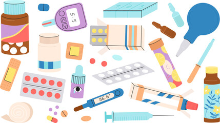 Pharmaceutical medications and tools. Medicine thermometer, isolated pills and glucometer. Hospital pharmacy drugs, decent vector pharma set